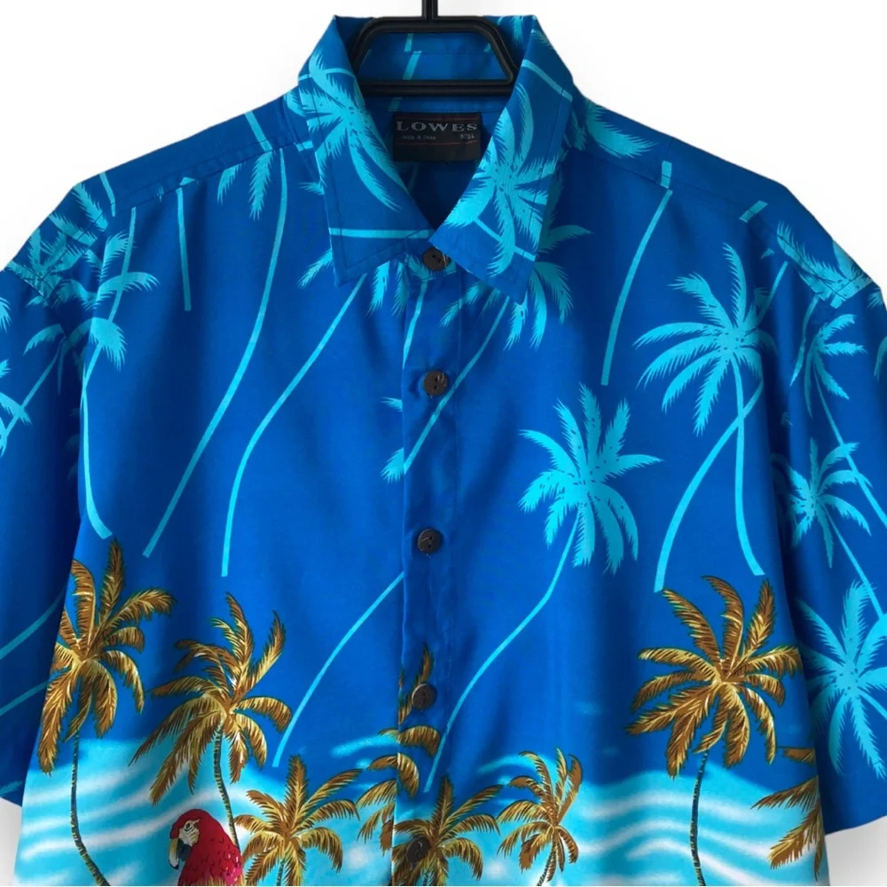 Lowes Blue Parrot Patterned Hawaiian Aloha Button Shirt - Picture 3 of 15